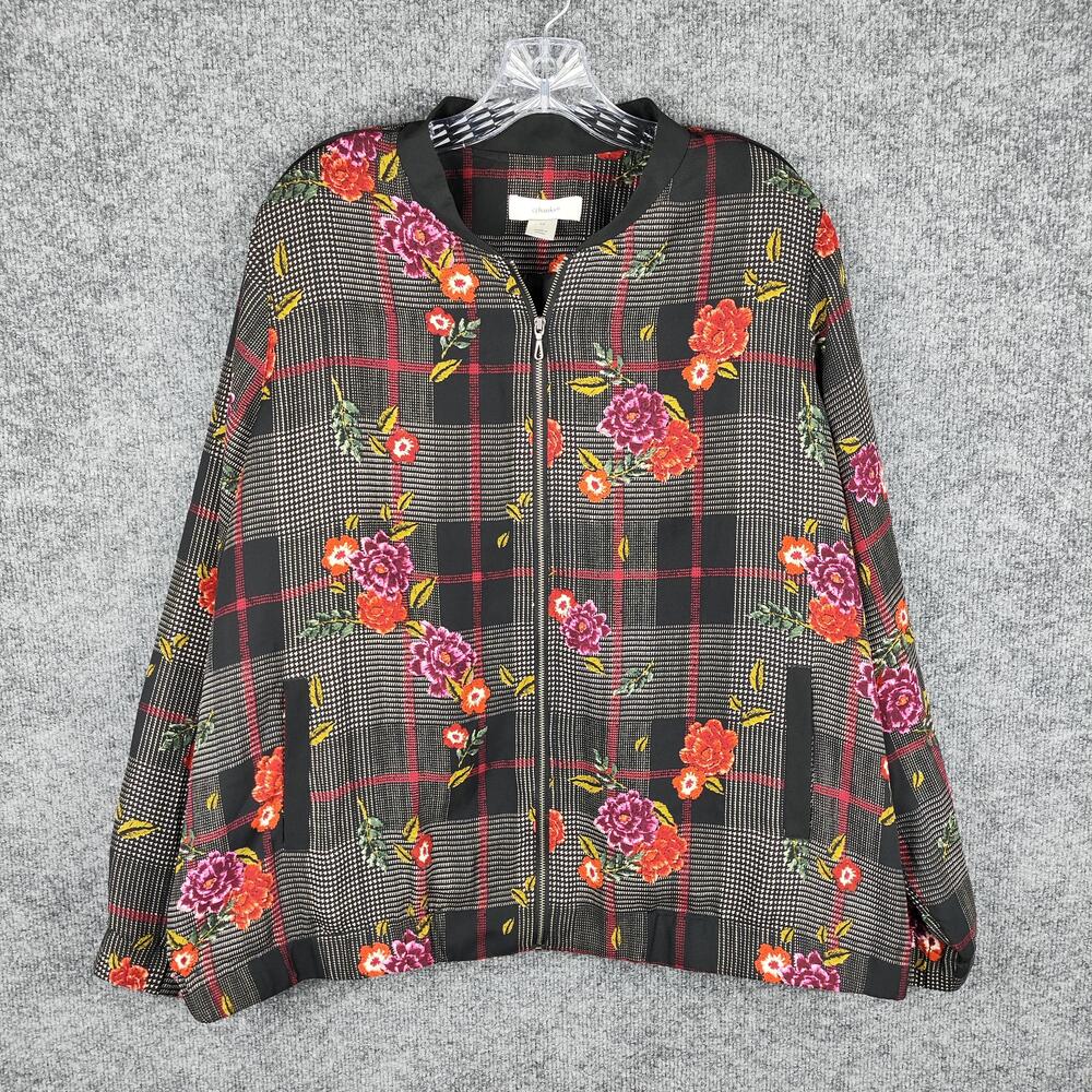 CJ Banks Jacket Womens 1X Multicolor Plaid Floral Bomber Zip Pockets Lined
